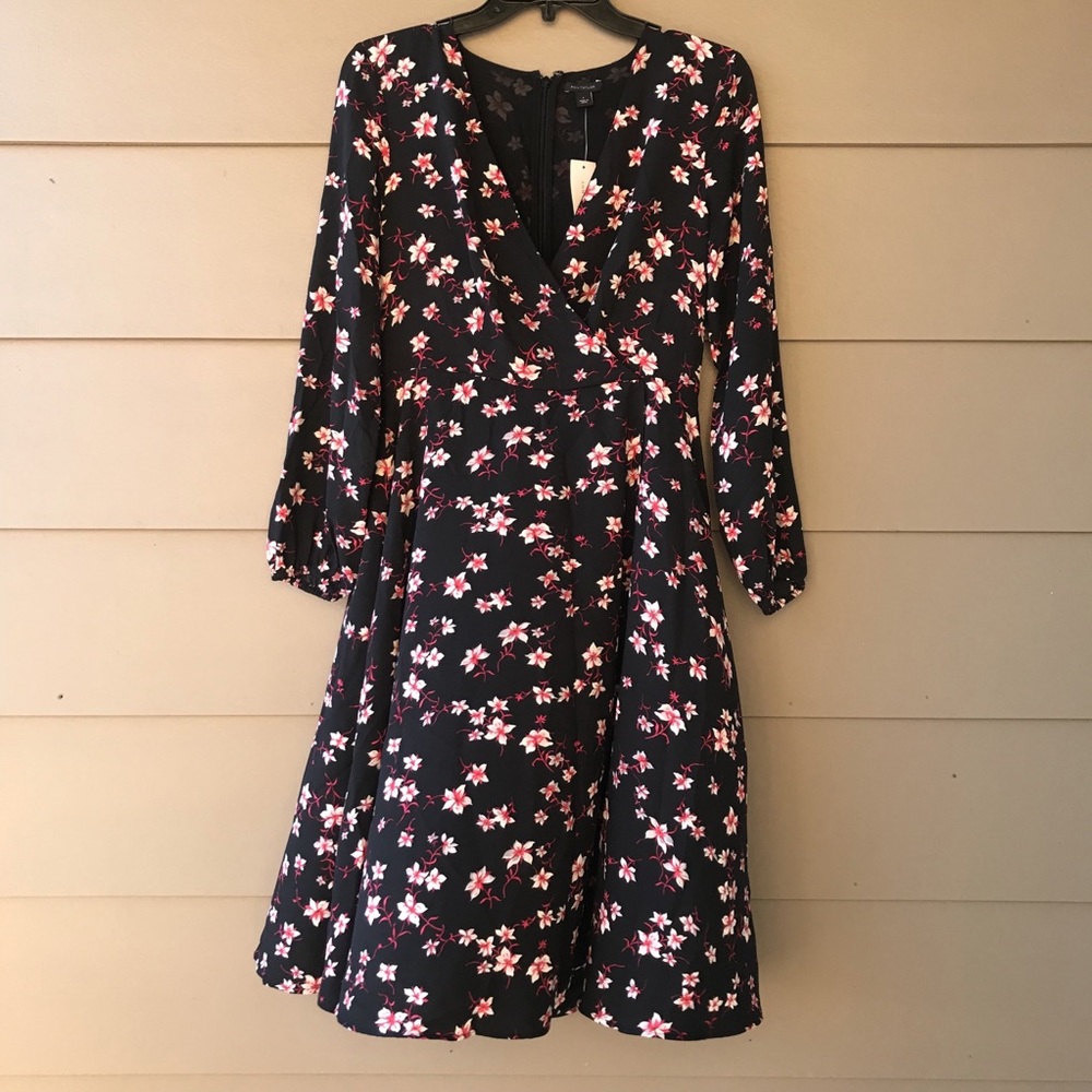 Ann Taylor Black Floral Flare Midi Dress | 0